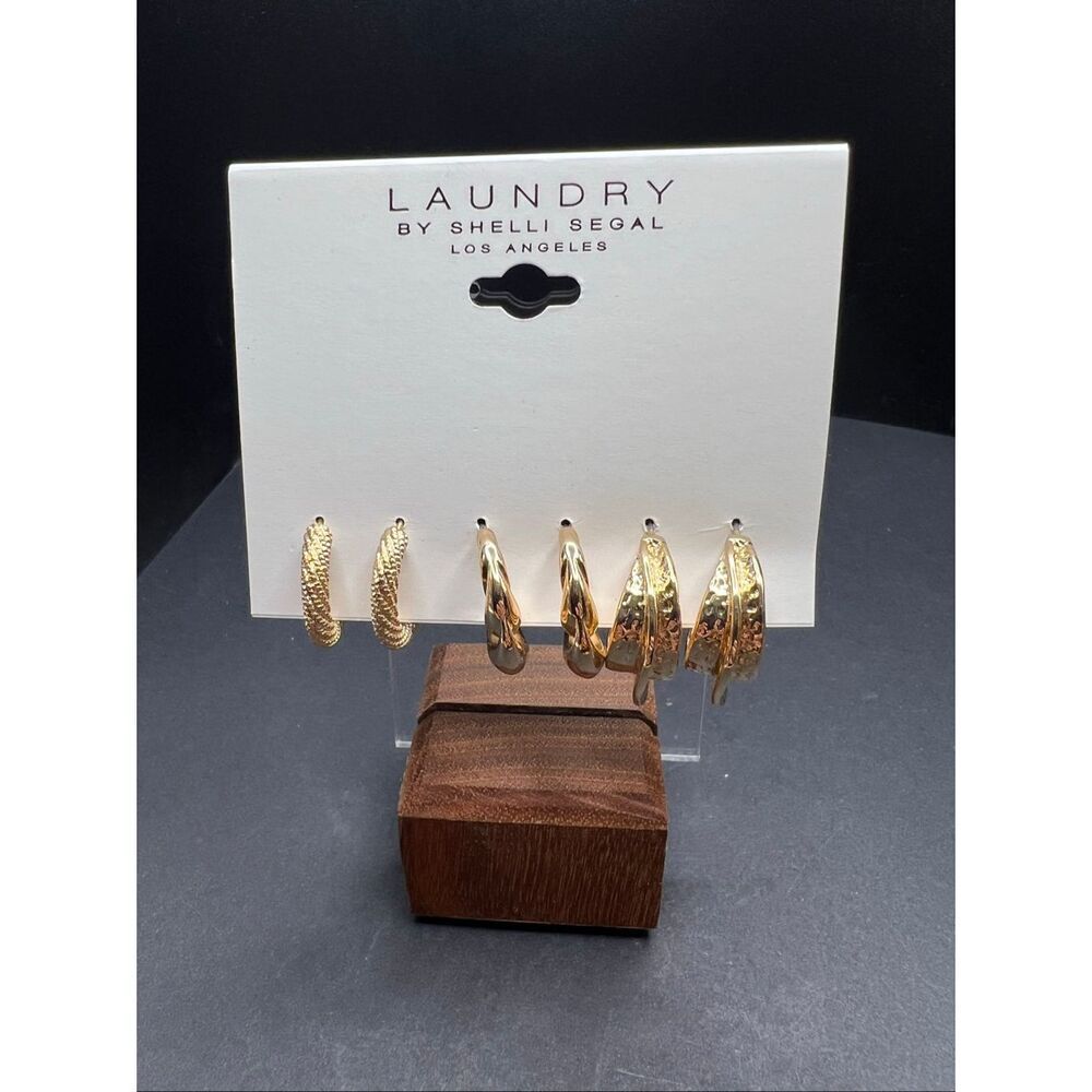 Laundry by Shelli Segal Gold Tone Chunky Textured Hoops 3 Pair Earring Set